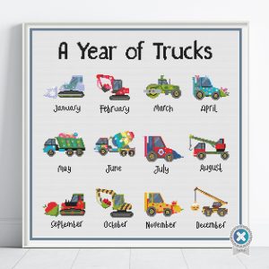 A Year of Trucks Cross Stitch Pattern, Seasonal Construction Vehicles, Kids Truck Embroidery PDF, PatternKeeper