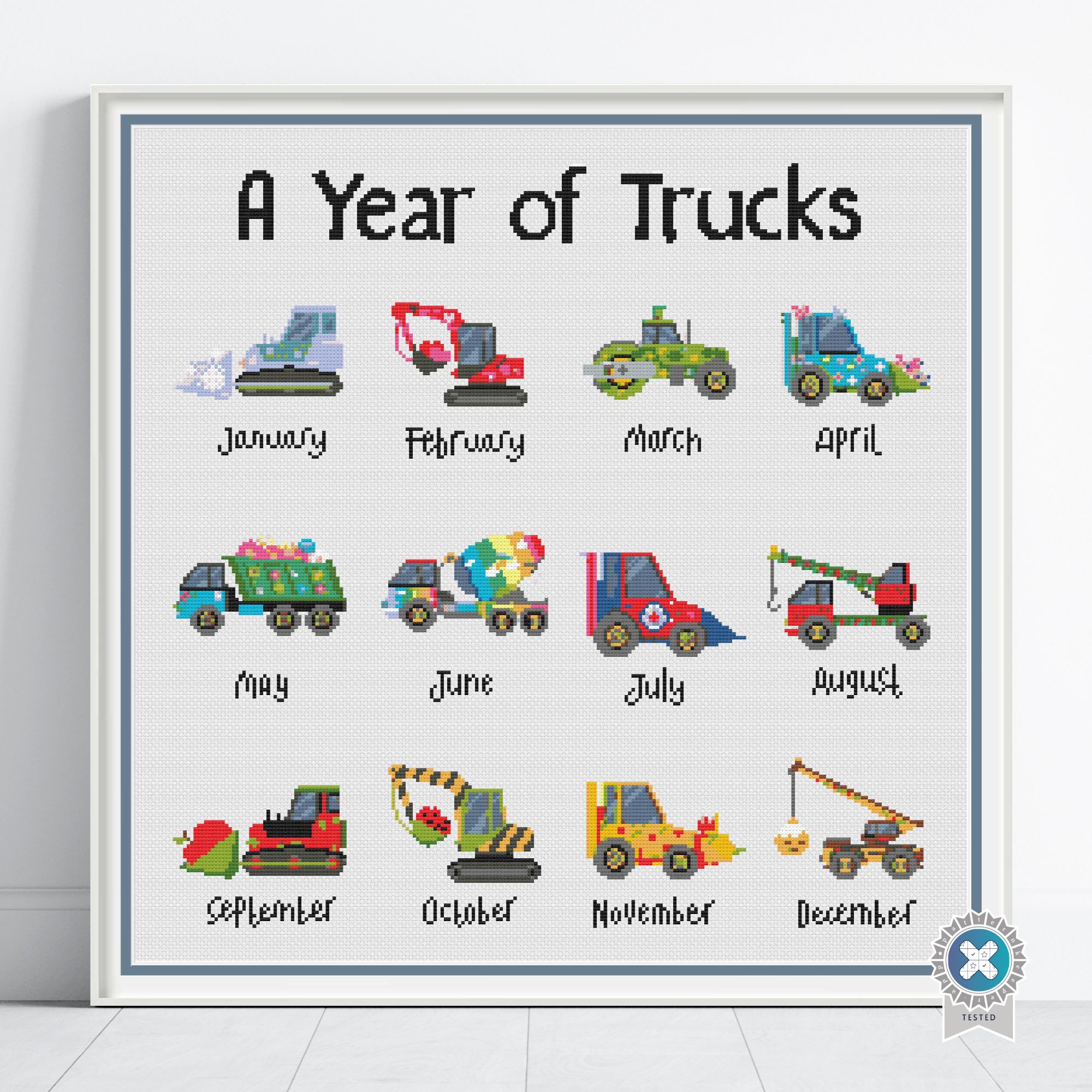 A Year of Trucks Cross Stitch Pattern, Seasonal Construction Vehicles, Kids Truck Embroidery PDF, PatternKeeper