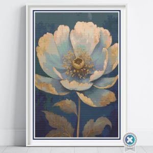 Abstract Poppy Cross Stitch Pattern, Blue Gold Floral Full Coverage Chart, Modern Botanical Pattern