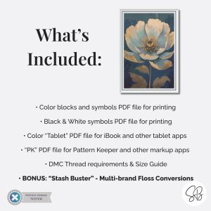 Abstract Poppy Cross Stitch Pattern, Blue Gold Floral Full Coverage Chart, Modern Botanical Pattern