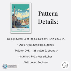 Adana Türkiye Cross Stitch Pattern, Retro Travel Poster Full Coverage Cityscape Chart, Instant Download
