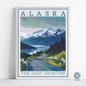 Alaska Travel Poster Cross Stitch Pattern, Retro Vintage Inspired Decor, Places Wall Art Embroidery Gift, Full Coverage Digital PDF