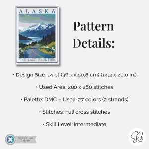 Alaska Travel Poster Cross Stitch Pattern, Retro Vintage Inspired Decor, Places PDF, Floss Conversions