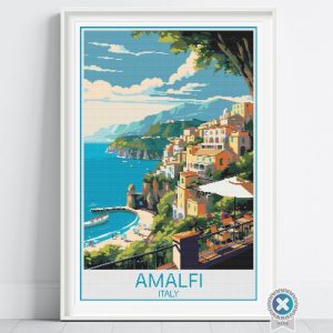Amalfi Italy Travel Poster Cross Stitch Pattern, Retro Wall Art, Digital PDF, Floss Conversions