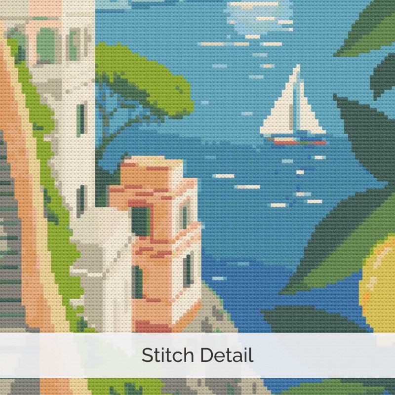 Amalfi Coast Poster Cross Stitch Pattern, Italy Retro Inspired Travel Art, Digital , Floss Conversions