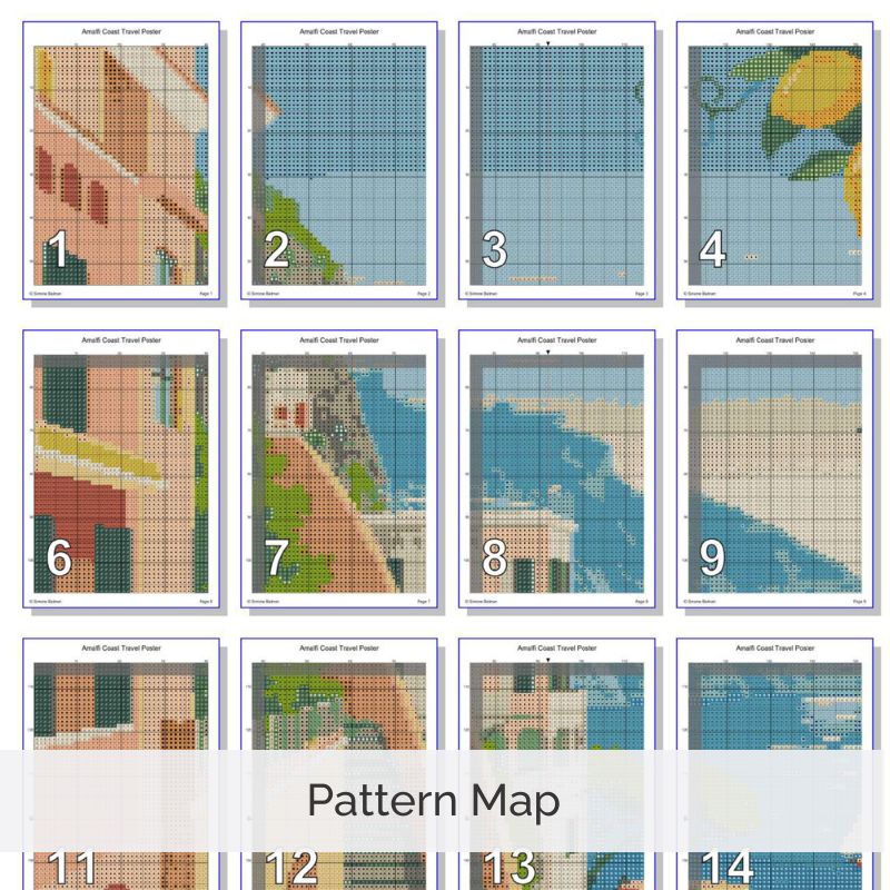 Amalfi Coast Poster Cross Stitch Pattern, Italy Retro Inspired Travel Art, Digital , Floss Conversions