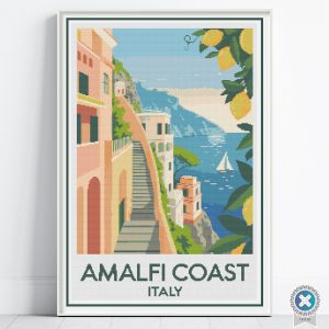 Amalfi Coast Travel Poster Cross Stitch Pattern, Italy Retro Inspired Travel Art, Digital , Floss Conversions