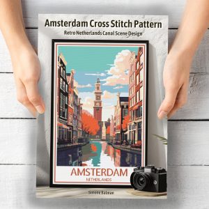 Amsterdam Travel Poster Cross Stitch Pattern, Retro Vintage Design, Holland Decor, Dutch Style Craft, Cityscape Art, Digital Stitch PDF