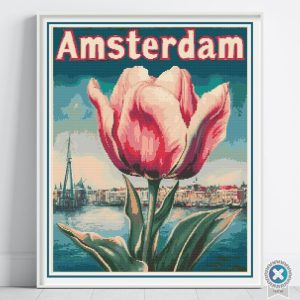 Amsterdam Tulip Cross Stitch Pattern Travel Poster, Dutch Cityscape Holland Flower, PatternKeeper