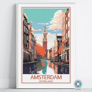 Amsterdam Travel Poster Cross Stitch Pattern, Retro Vintage Design, Holland Decor, Dutch Style Craft, Cityscape Art, Digital Stitch PDF