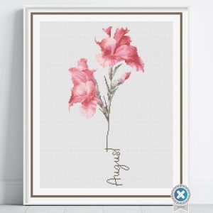 August birth month flower cross stitch pattern featuring elegant pink gladiolus blooms.