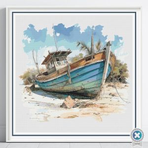 Boat on a Beach Cross Stitch Pattern, Seaside Ocean Coastal Embroidery, Digital Download, Floss Conversions