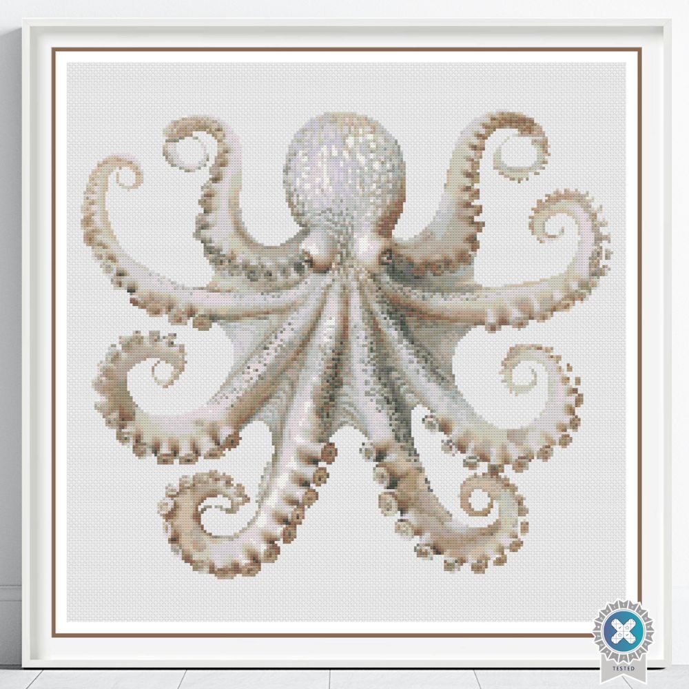 Boho Octopus Counted Cross Stitch Pattern, Neutral Ocean Embroidery, Coastal Sea Life, Floss Conversions