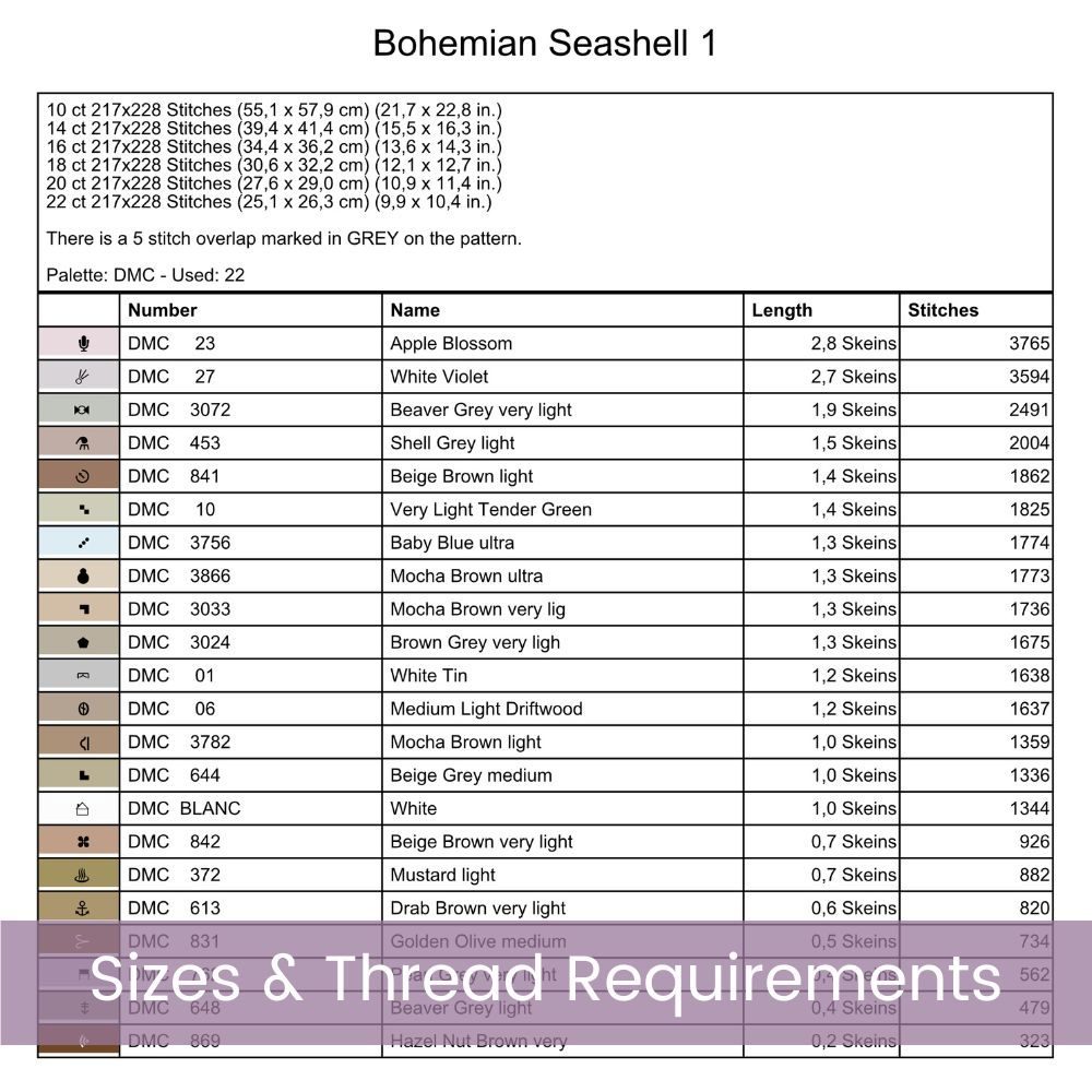 Boho Seashell Counted Cross Stitch Pattern, Neutral Ocean Embroidery, Coastal Sealife, Floss Conversions