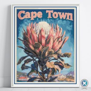 The Cape Town Cross Stitch Pattern features the vibrant King Protea flower in the foreground and a stunning cityscape with Table Mountain in the background.