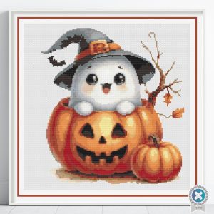 Baby Ghost Cross Stitch Pattern, Halloween Decor, Pumpkin Stitching Design, Spooky PDF, Floss Conversions