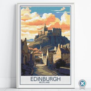 Edinburgh Travel Poster Cross Stitch Pattern, Retro Scotland Landmark Scottish Travel Art, Floss Conversions