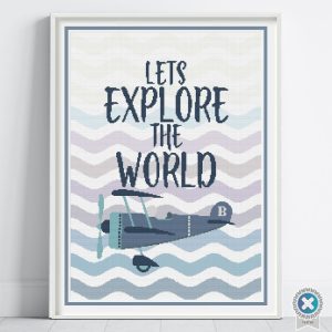 Vintage Airplane Cross Stitch Pattern, Personalized Baby Gift, Inspirational Travel Nursery Decor, Customizable