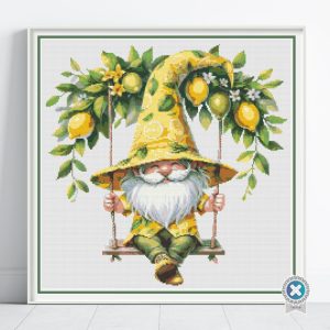 Lemon Gnome Cross Stitch Pattern, Gnome on a Swing Embroidery, Instant PDF Download, Floss Conversions