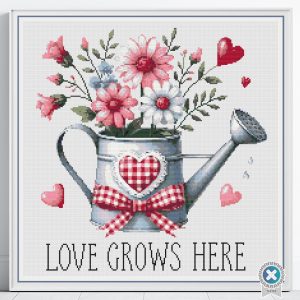 Watering Can Cross Stitch Pattern, Love Grows Here, Instant Download, PatternKeeper, Floss Conversions
