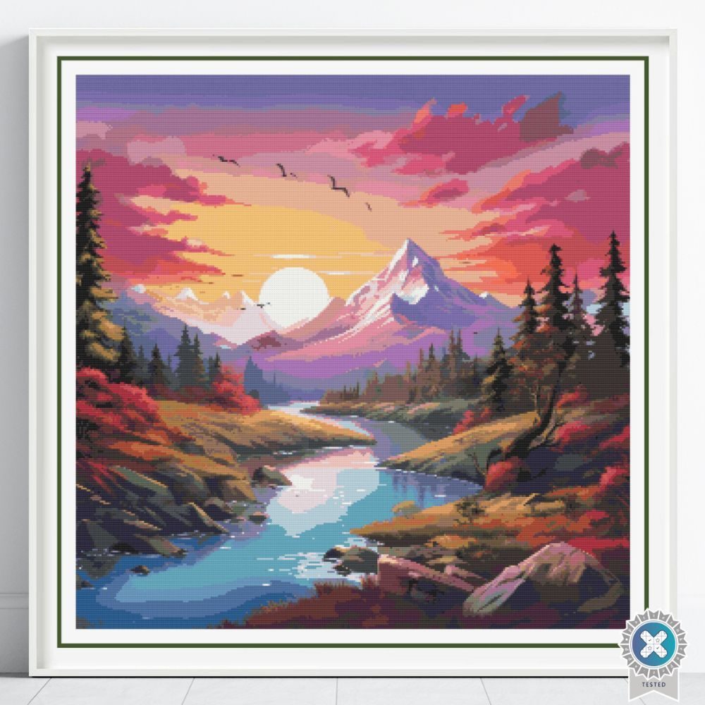 Mountain Sunset Cross Stitch Pattern: Full Coverage Landscape
