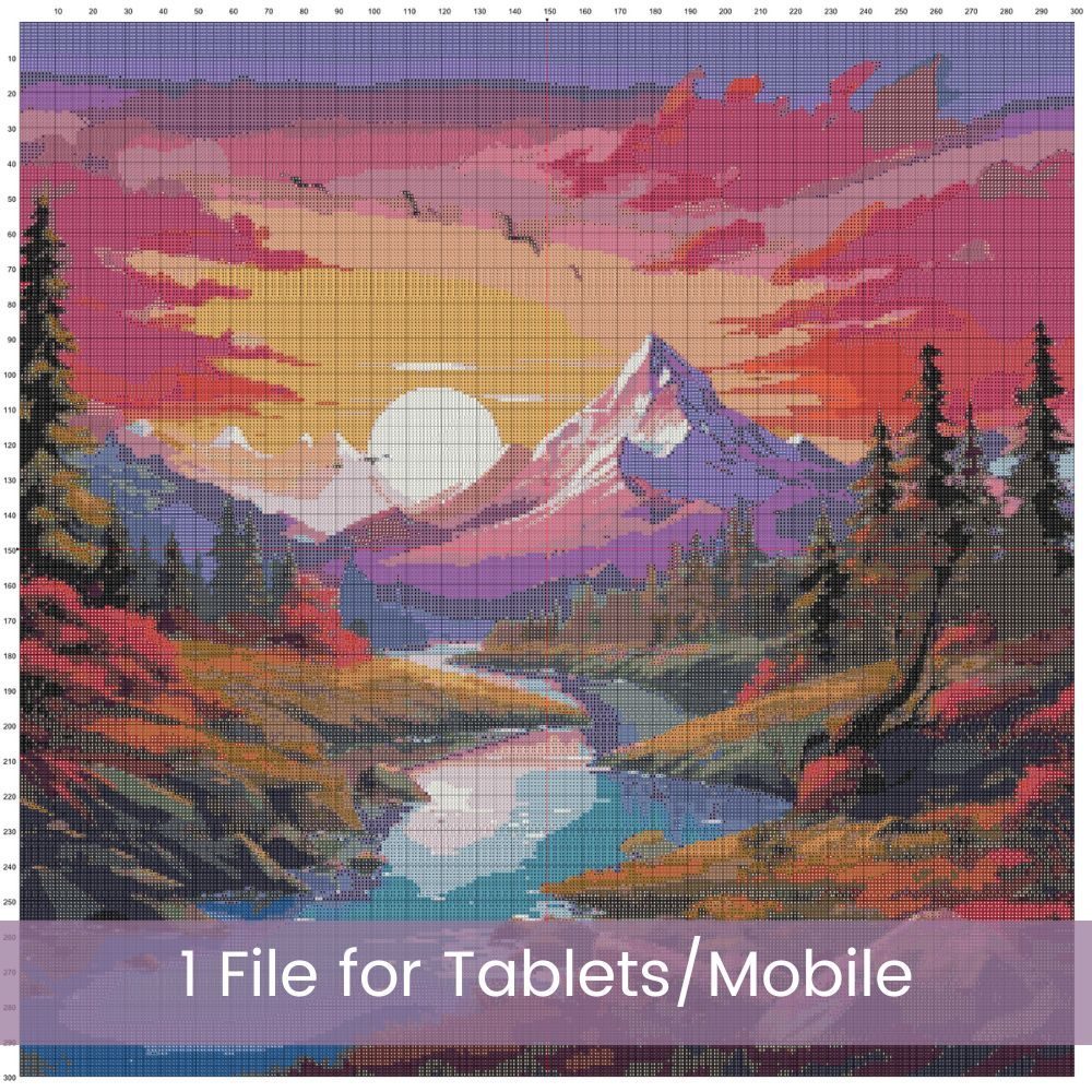 Mountain Sunset Cross Stitch Pattern: Full Coverage Landscape