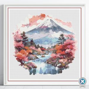 Mount Fuji Japan Cross Stitch Pattern, Watercolor Japanese Landscape Embroidery, Floss Conversions