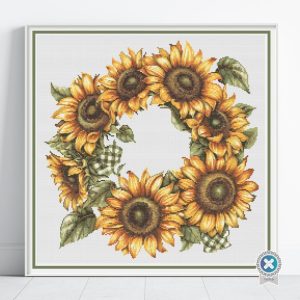 Sunflower Wreath Cross Stitch Pattern, Gingham Ribbon Floral Embroidery, Digital Download, PatternKeeper, Floss Conversions