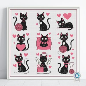 Valentine Cats Cross Stitch Pattern, Love Cats Embroidery, Funny Holiday Decor, Floss Conversions