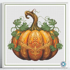 Pumpkin Cross Stitch Pattern, Fall Botanical Baroque Embroidery, Vintage Autumn Decor, Floss Conversions
