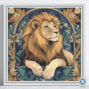 William Morris style lion cross stitch pattern with Art Nouveau floral details