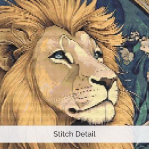 William Morris style lion cross stitch pattern with Art Nouveau floral details