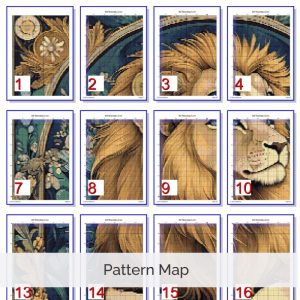 William Morris style lion cross stitch pattern with Art Nouveau floral details