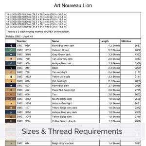 William Morris style lion cross stitch pattern with Art Nouveau floral details