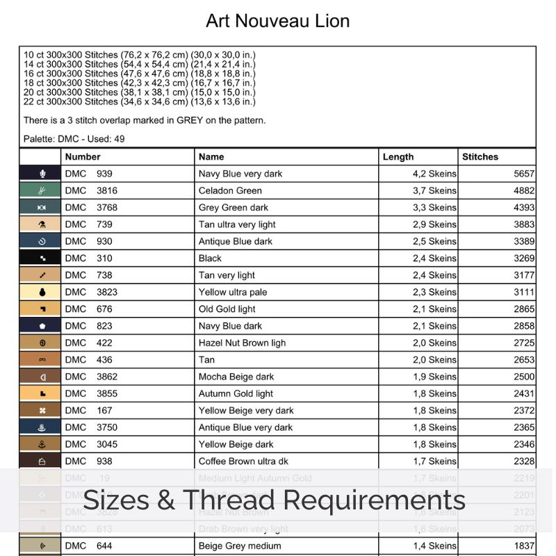 William Morris style lion cross stitch pattern with Art Nouveau floral details