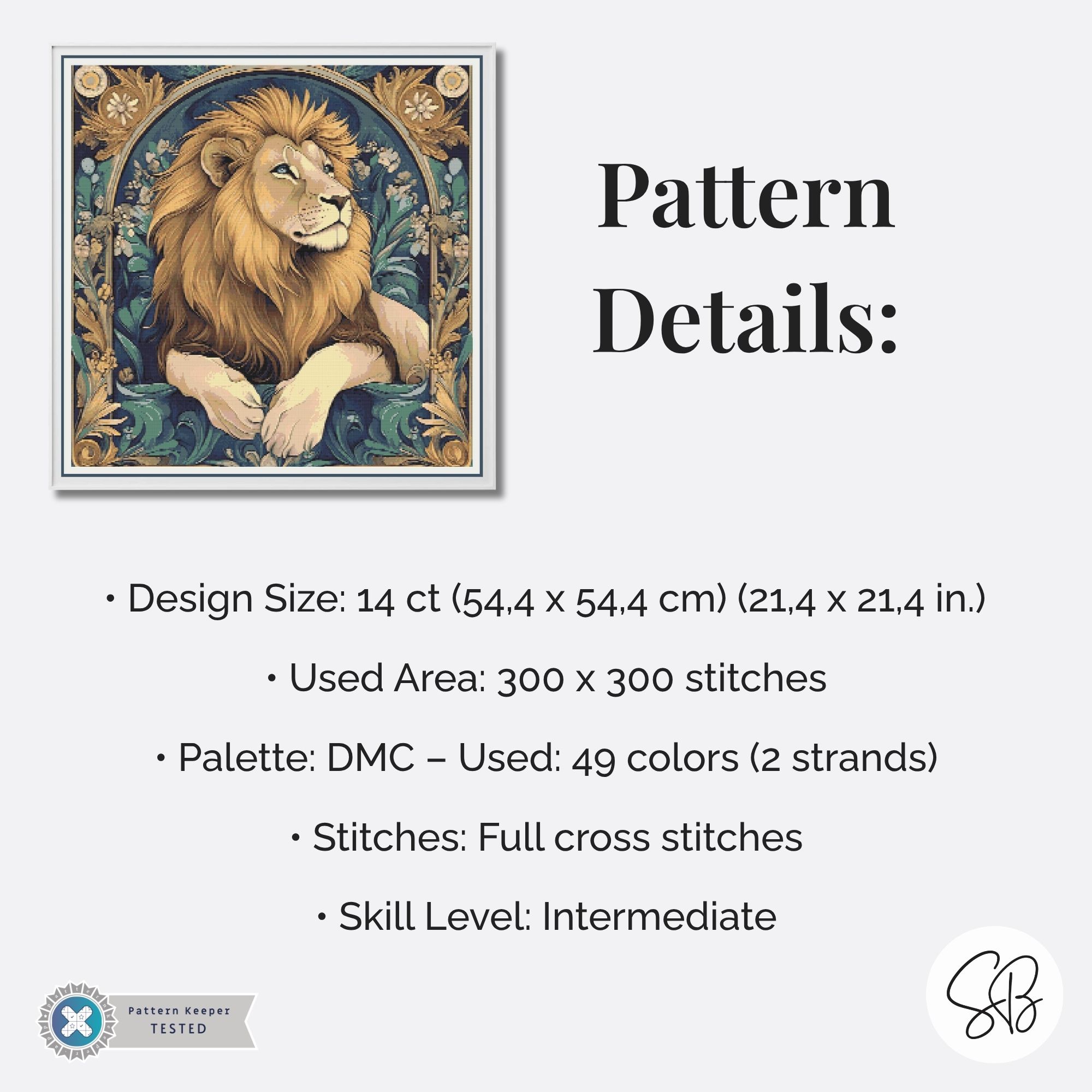 William Morris style lion cross stitch pattern with Art Nouveau floral details