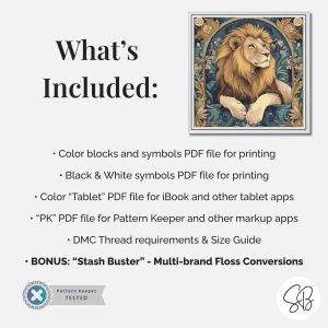 William Morris style lion cross stitch pattern with Art Nouveau floral details