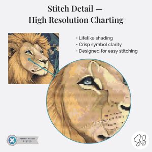 William Morris style lion cross stitch pattern with Art Nouveau floral details