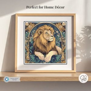 William Morris style lion cross stitch pattern with Art Nouveau floral details