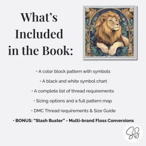 William Morris style lion cross stitch pattern with Art Nouveau floral details