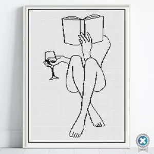 Woman Reading a Book Cross Stitch Pattern, Modern Embroidery Line Art PDF Chart, Instant Download