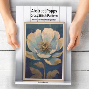 Abstract Poppy Cross Stitch Pattern, Blue Gold Floral Full Coverage Chart, Modern Botanical Pattern