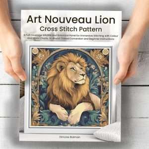 William Morris style lion cross stitch pattern with Art Nouveau floral details