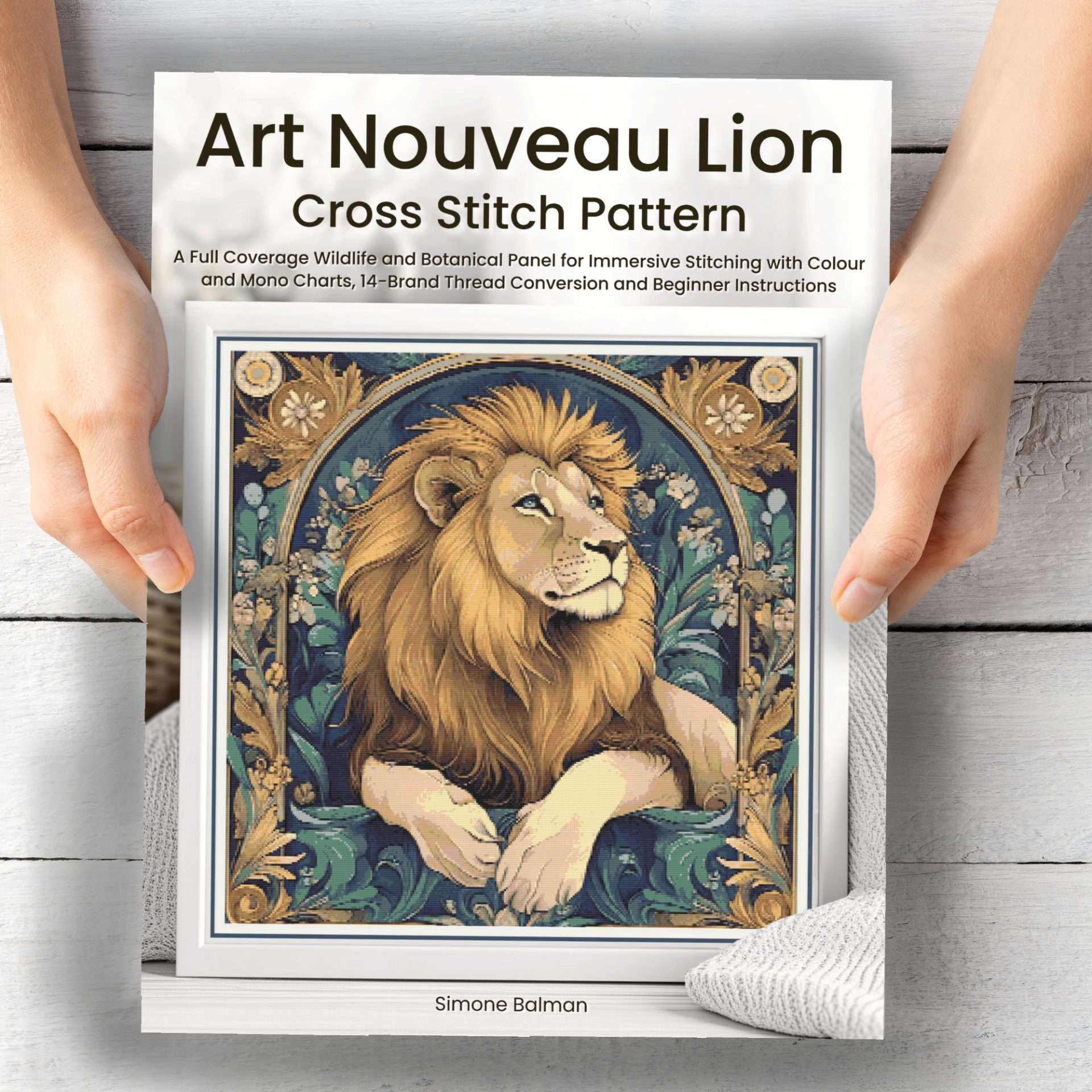 William Morris style lion cross stitch pattern with Art Nouveau floral details