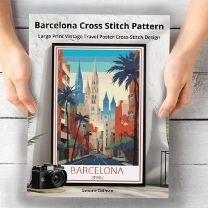 Barcelona Travel Poster Cross Stitch Pattern, Instant Download, Retro Spanish Cityscape Decor, Floss Conversions