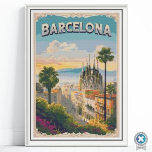 Barcelona Spain Travel Poster Cross Stitch Pattern, Retro Vintage Inspired Spanish Embroidery, Floss Conversions
