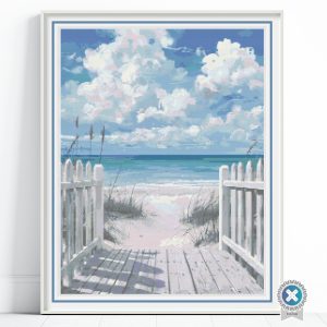 Beach Boardwalk Cross Stitch Pattern, Coastal Decor, Ocean Waves Embroidery, Full Coverage, Floss Conversions
