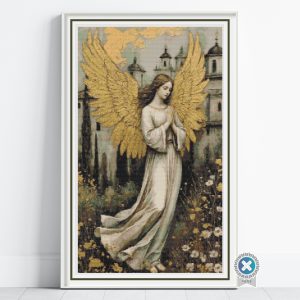 Golden Angel Cross Stitch PDF Pattern · Renaissance Style · Full Coverage · 14-Brand Thread Conversion · Colour and Mono Charts