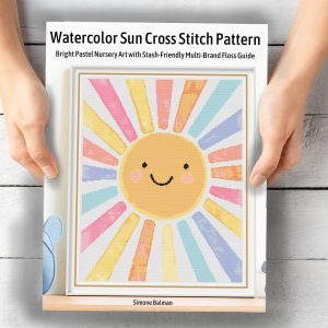 Watercolor Sun Cross Stitch Pattern, Digital Pastel Sunshine Nursery Decor, PDF Download, Floss Conversions
